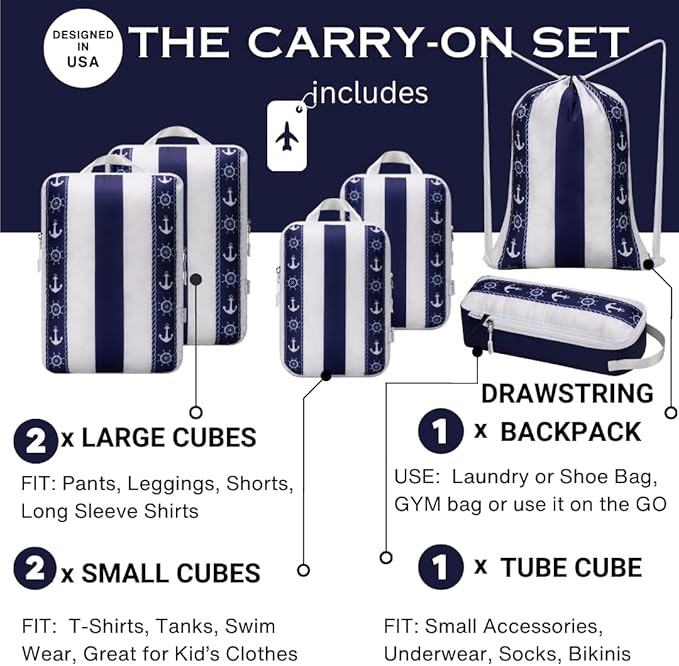 Large Compression Packing Cubes for Travel 6pc Set - Fits Carry On Suit Case & Checked Luggage, Organizer Luggage Packing Cubes for Travel & Home, with Drawstring Backpack/Laundry Bag