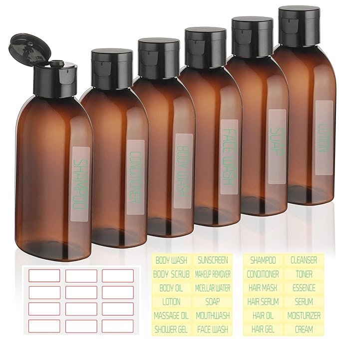 Travel Shampoo Bottles 6 Pack 3.4oz/100ml TSA Approved Squeezable Travel Size Bottles for Toiletries Leak-proof Shampoo and Conditioner Bottle Empty Plastic Squeeze Bottle Travel Essentials(Brown)