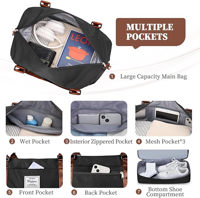 Weekender Bags for Women,Overnight Travel Duffel Bag with Shoes Compartment& Toiletry Bag,Extra Large(Black & Brown)
