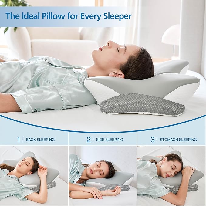 Ergonomic Memory Foam Cervical Pillow for Neck Pain Relief - Contour Design with Dual Heights for Side/Back/Stomach Sleepers with Washable Breathable Pillowcas