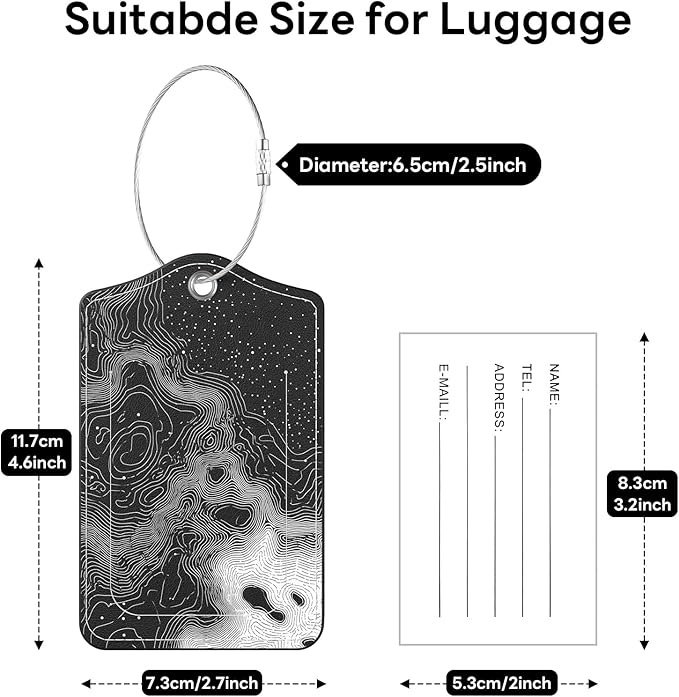 2 Pack PU Leather Luggage Tags for Suitcases, Privacy Protection Cover with Stainless Steel Loop and Address Card, Travel Cruise Essentials (Black Ripples)