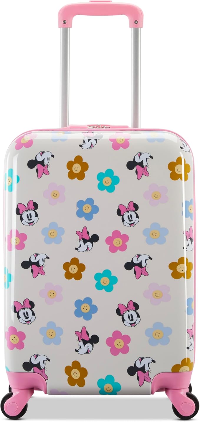 American Tourister Minnie Mouse Carry-On Luggage - Airline Approved, Durable Hardshell with Vibrant Minnie Mouse Design - Roll Confidentially with Spinner Wheels & Colorful Adjustable Handle