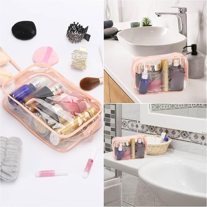 Tbestmax 10 Pcs Clear Cosmetic Bags Small Makeup Bags Portable Waterproof Travel Toiletry Bags Organizer Peach Pink, 7.5"x 4.8"x 2.3"