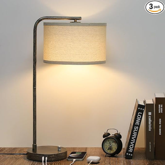 25" Tall Bedside Table Lamp with USB C+A Ports, Fully Dimmable Desk Lamp | Industrial Minimalist Nightstand Lamp, Vintage Reading Light for Bedroom Living Room Office, 3000K LED Bulb Included