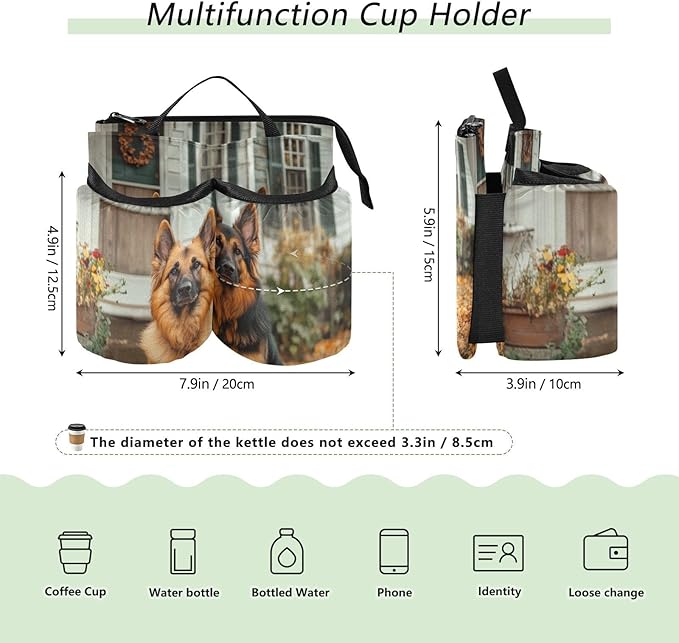 Cute Fall Leaves German Shepher Dogs Luggage Cup Holder Travel Portable Free Hand Drink Carrier Suitcase Drinks Beverage Holder Carry-On Bottle Mug Holder Organizer Bag Travelers Accessories