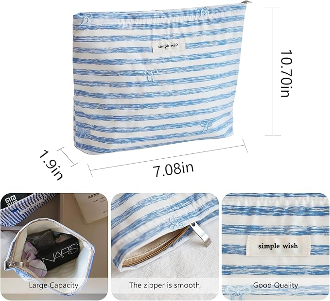 Wudygirl Cute Makeup Bag for Women - Travel Cosmetic Bag with Zipper Makeup Pouch Floral Make up Organizer Handbag Aesthetic (Striped Bow)