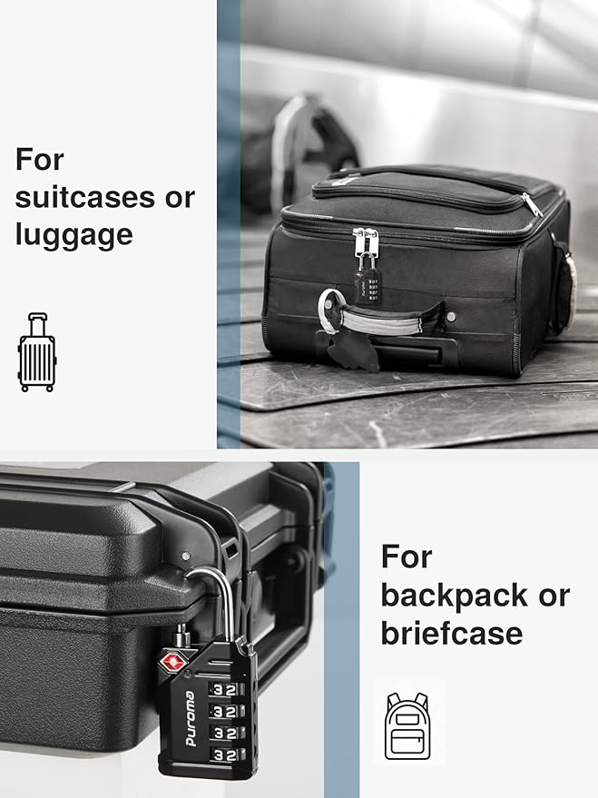 Puroma TSA Approved Travel Luggage Locks, 4 Pack Black 4 Digit Resettable Combination Code Lock with Zinc Alloy Body for Suitcase, Backpack, Laptop Bag, Gym Locker, Toolbox