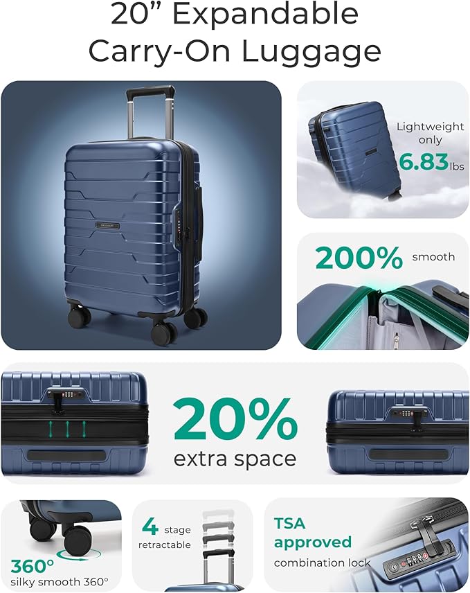 BAGSMART Carry On Luggage 22x14x9 Airline Approved with Spinner Wheels,Lightweight 20 Inch Luggage with TSA Lock,Expandable Hard Shell Carry On Suitcases for Men Women,Dark Blue