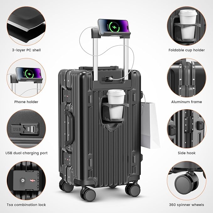 Carry on Luggage, 20 Inch Aluminum Frame PC Hardshell Suitcase with Cup Holder & Charger Port, Airline Approved Weekend Business Travel Case with Spinner Wheels, Tsa Lock