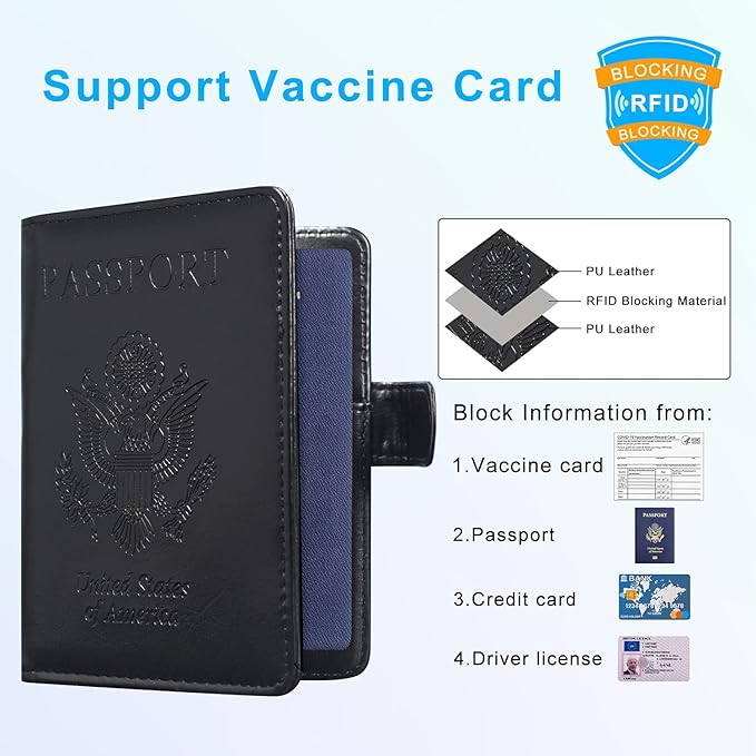 ACdream Unisex Faux Leather Passport and Vaccine Card Holder, Black, RFID Blocking, 20 Inches