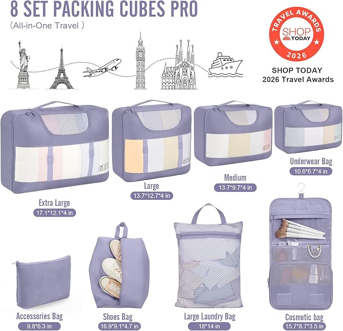 Veken 8 Set Packing Cubes for Travel Essentials, Suitcase Organizer Bags in 4 Sizes, Carry-On Luggage Accessories with Large Laundry & Hanging Toiletry Bag, Must-Have for Airplane, Road Trip & Camping