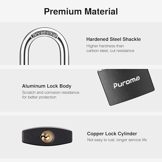 Puroma Lock Keyed Padlock, 2 Pack Aluminum Locks with 3 Keys Alike, 7/8 Inch Locker Lock 43mm Small Padlocks for Gate, Fence, Shed, Toolbox, School Gym Locker (Black)