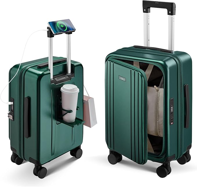 Carry On Luggage Top Opening with Cup Holder & Phone Holder, Expandable PC Hard Shell Suitcase, USB Charging Port, Side Hook, 360° Spinner Wheels, TSA Lock & YKK Zippers for Women Man Gifts