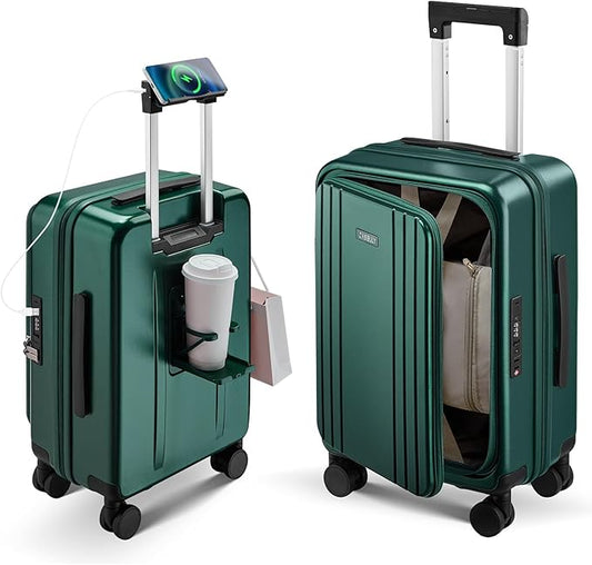 Carry On Luggage Top Opening with Cup Holder & Phone Holder, Expandable PC Hard Shell Suitcase, USB Charging Port, Side Hook, 360° Spinner Wheels, TSA Lock & YKK Zippers for Women Man Gifts