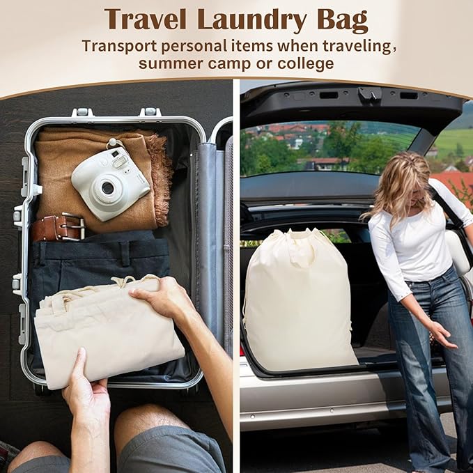 Canvas Laundry Bag with Handles & Drawstring Closure 27.5”Wx35"H, Thick Laundry Bag Large Heavy Duty Washable Dirty Clothes Travel Sack for Camp, College Dorm, Laundromat (Beige L, 2 Pack)