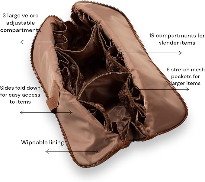 THE VERTI-Vertical Waterproof Makeup & Toiletry Bag | 23-Pocket Organizer with Upright, Fold-Down Design for Skincare, Toiletries & Essentials (Mahogany)
