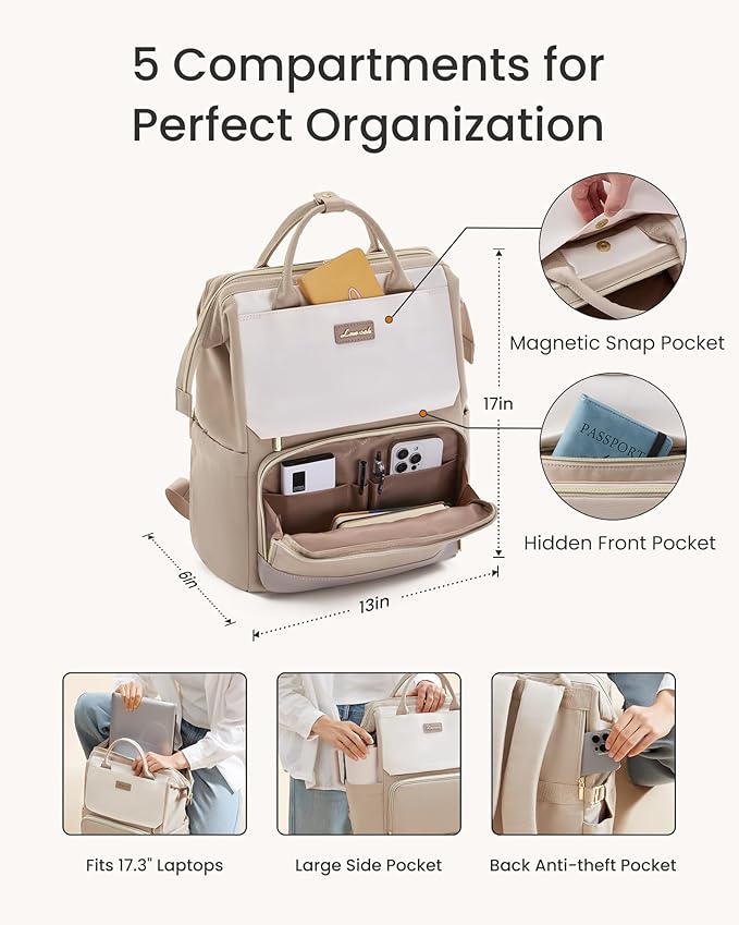 LOVEVOOK Laptop Backpack for Women with Giant Tumbler Holder Pocket, 17 inch Travel Work Backpack Purse for Nurse Teacher, Waterproof School Bag College Bookbag Cute Casual Daypack for Girls Khaki