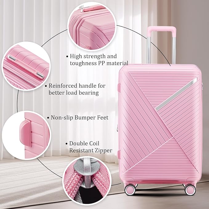 4 Piece Expandable Hardshell Pink Luggage Sets with Spinner Wheels, Lightweight Travel Suitcase Set with TSA Locks, 20 inch Carry On for Women (Pink#B, 4 Piece Set)