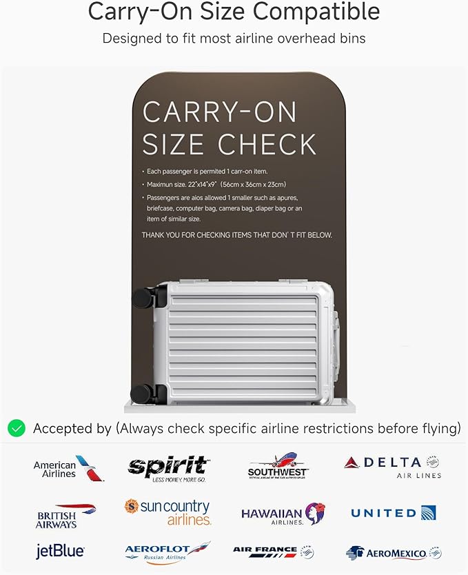 Carry On Luggage with Spinner Wheels, 8010S Aluminum Frame Zipperless Polycarbonate Hard Shell Suitcase (ZX-Core, Silver, 20 Inch)
