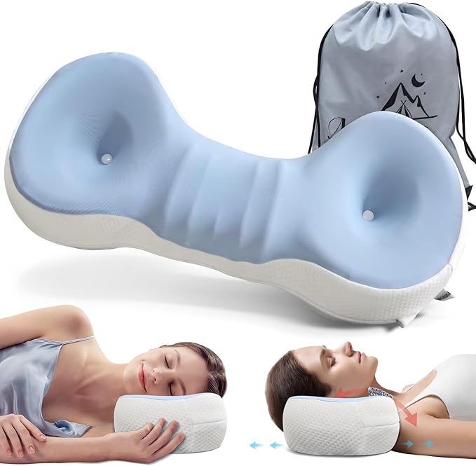 Cervical Neck Roll Pillow, Say Goodbye to Neck Pain, Travel Neck Support Pillow for Side Sleepers, Ergonomic Memory Foam Camping Pillow, Cervical Traction Device with Storage Bag