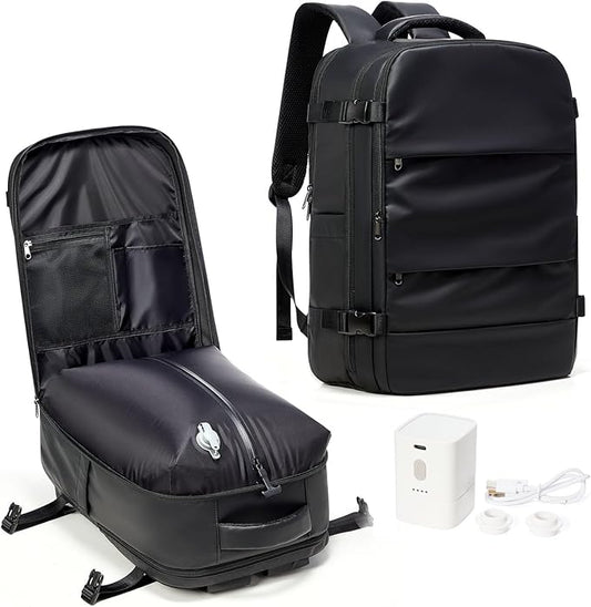 coowoz Vacuum Backpack Travel with Pump,Travel Backpack with Vacuum System For Women Men,Carry On Backpack,Hiking Backpack Waterproof Outdoor Sports Rucksack Casual Daypack,TPU Coated Black