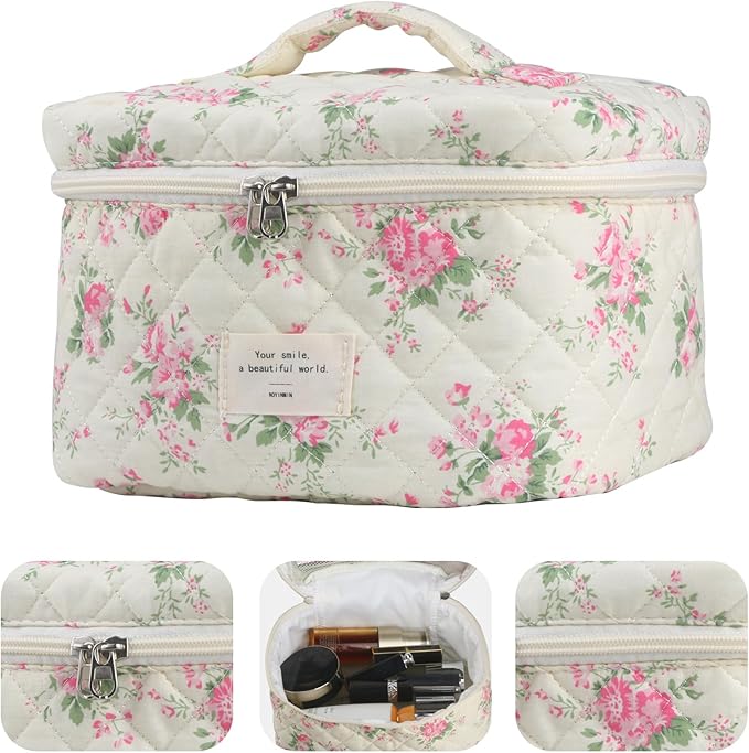 Cute Makeup Bag for Women(2 Pcs), Travel Cosmetic Bags, Quilted Coquette Aesthetic Floral Toiletry Organizer Bag (21 - Pink Flower)