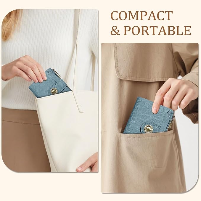 Icycay Blue Small Wallet Women RFID Blocking Bifold, Credit Card Holder, Zipper Coin Pocket, PU Leather, Compact, Travel, 4 ID Window, 14 Card Slots, Cash Purse, Ladies Woman Female Girls
