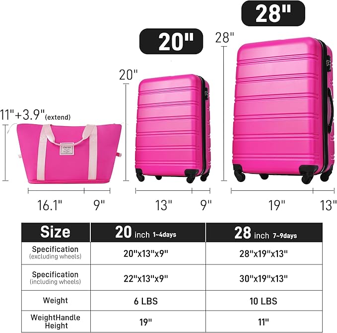 Merax Luggage sets of 3 Piece 20 28 IN Carry on Luggage Hard Case Pink Luggage Expandable Checked Luggage Suitcase Set with Wheels