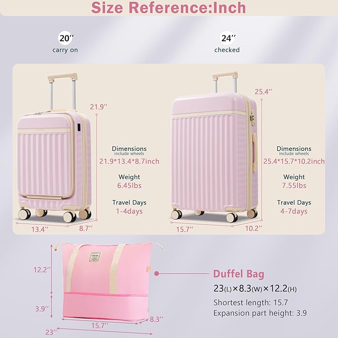 Merax Luggage Sets 3 Piece,Front Open Hardshell Expandable Suitcase with Spinner Wheels and Duffel Bags,Lightweight Carry on Luggage with USB Port,20/24IN,Pink