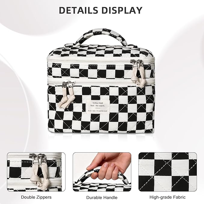Makeup Bag, Portable Travel Make up Bag, Large Capacity Quilted Cosmetic Organizer Bag, Cute Floral Toiletry Bag for Women Girls