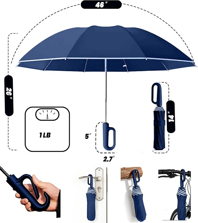 SIEPASA Travel Umbrella with Carabiner Handle - Windproof 10 Ribs Auto Open/Close for Rain & Sun Protection, Compact Portable Clip-on Backpack Design with Safety Reflective Strip.