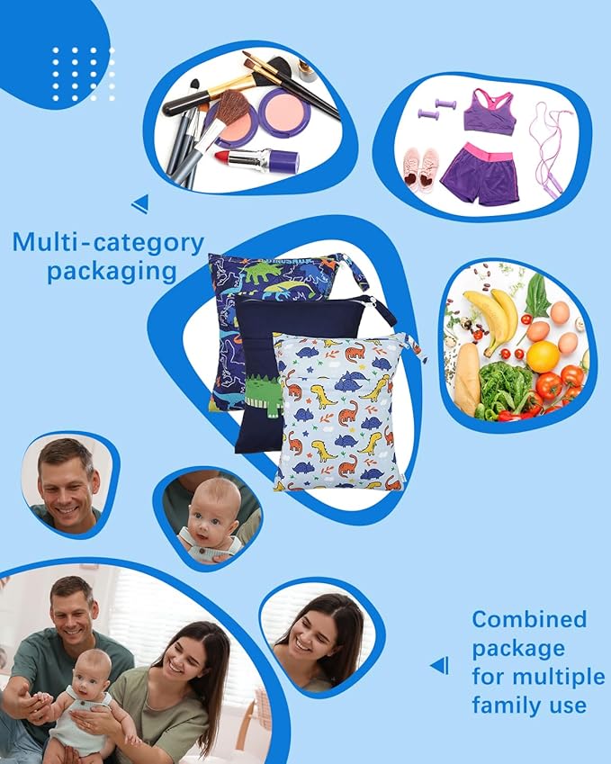 babygoal Dinosaur Wet Dry Bags 3 Pack, Waterproof Travel Bags for Swimsuits, Beach, Pool, Gym,Food Storage and Wet Clothes,3LN40-B