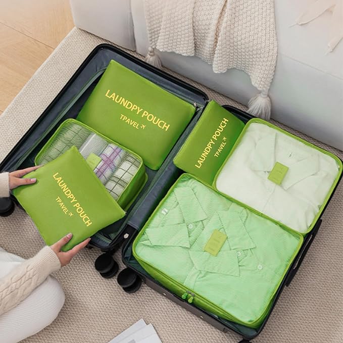 6 Set Packing Cubes for Travel Luggage Packing Bags Reusable Waterproof Suitcase Organizer Bags Set with Shoe Bag and Toiletry Bag (Green)