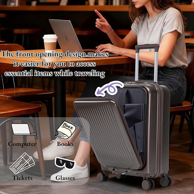 2 Pcs ABS Spinner Luggage Set - 14" Cosmetic Case & 20" Carry-On with Combination Lock, Front Opening Design, Brown