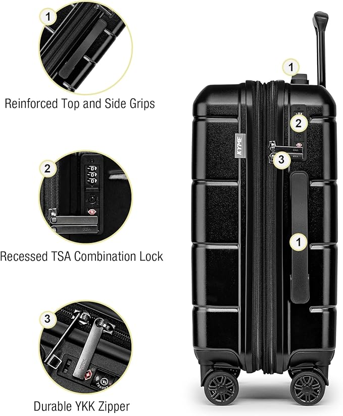 KYME Carry On Luggage 22x14x9 Airline Approved Expandable Hardshell 20 Inch Luggage with TSA Lock Carry-On Suitcase with Wheels Small Travel Rolling Luggage with Cup Holder Black