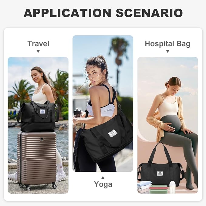 Travel Duffel Bag, Sports Tote Gym Bag, Shoulder Weekender Overnight Bag for Women