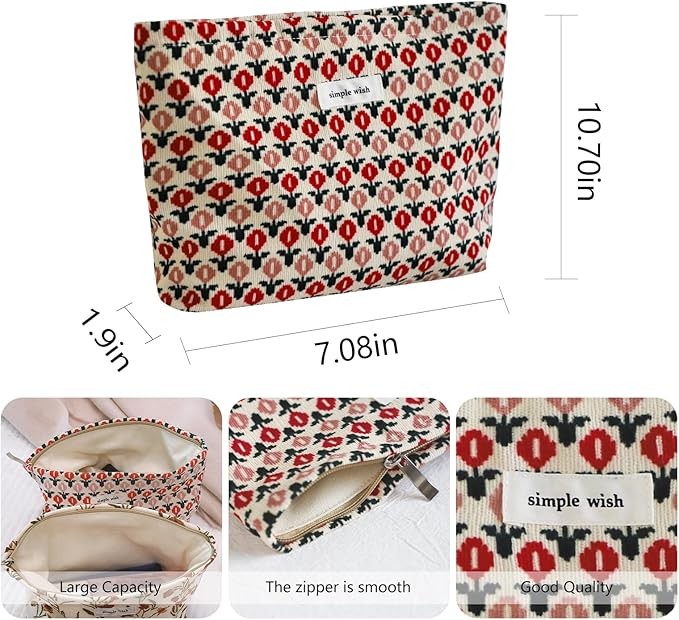 Wudygirl Cute Makeup Bag for Women - Travel Cosmetic Bag with Zipper Makeup Pouch Floral Make up Organizer Handbag Aesthetic (Boho Floral)