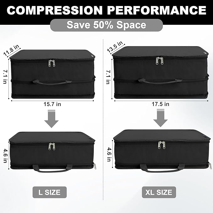 Compression Packing Cubes for Travel Essentials, 2 Pack Expandable Travel Cubes for Packing Bags Suitcase Organizer, Black