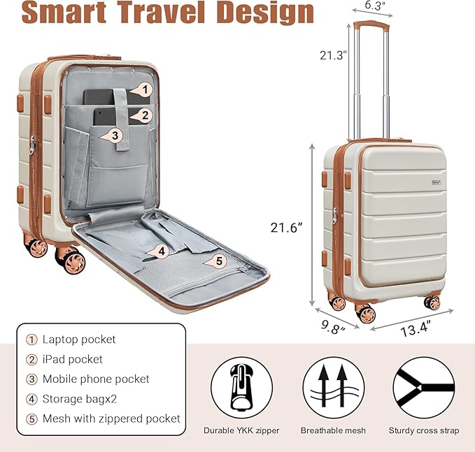 SmileLine 20 inch Carry-On, Lightweight Hardside Suitcase, Expandable Small Suitcase with Front Pocket, WhiteBrown