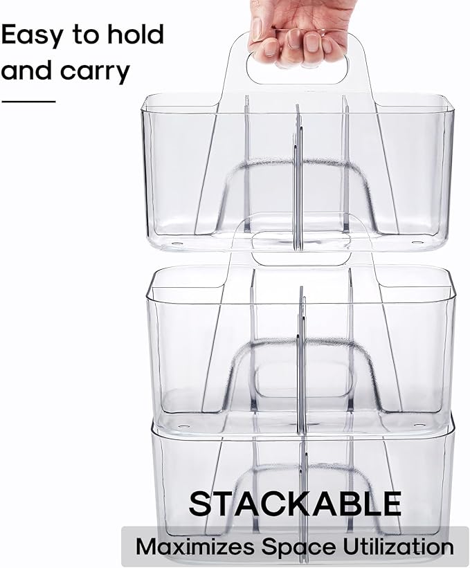 Multiuse Caddy Organizer with Handle, Portable Divided Plastic Tote Bin - Art Craft, Stationary Pen Marker Crayons, Makeup Hair Supplies Storage - Bathroom, Classroom, Dorm, Office, Desk Holder -Clear