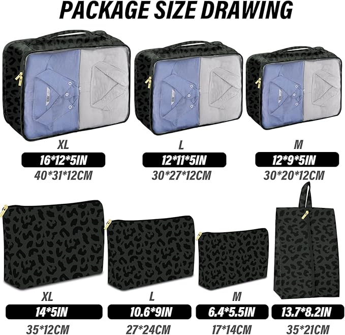 7 Set Packing Cubes Travel Luggage Organizers for Suitcase Travel Accessories with Shoe Bag for Women Girls Aesthetic Cute-Black Leopard Cheetah Pattern