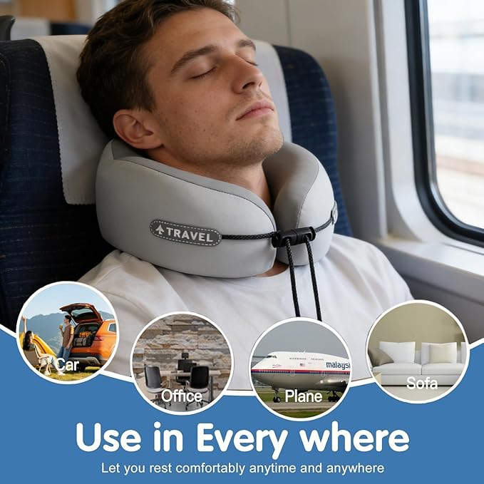 Travel Neck Pillow with Storage Case, 100% Pure Memory Foam, Airplane Head Support for Flight Sleeping, Portable, Gray (Gray Matching)