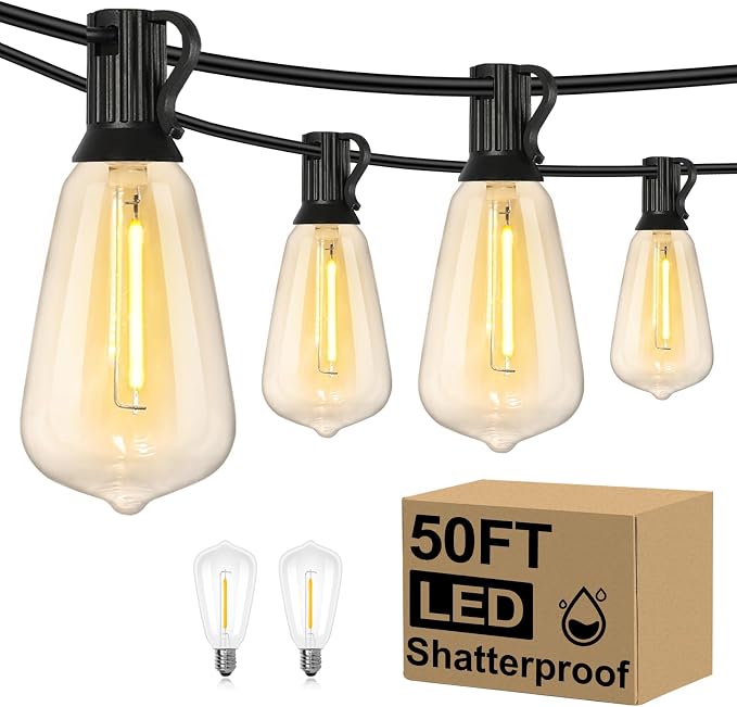 50FT Outdoor String Lights 27 Bulbs, 2200K Amber Lights | 2 Spare ST38 Edison Bulbs Dimmable, Connectable Plug-in LED Patio Lights for Outsiede, Cafe, Wedding, Christmas
