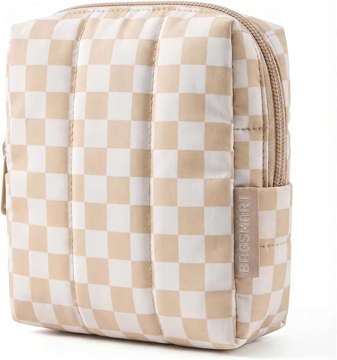 BAGSMART Small Travel Makeup Bag for Purse Toiletry Pouch, Puffy Padded Mini Cosmetics Bag, Cute Make Up Pouch for Women with Slip-in Pocket, Travel Essentials for Toiletries, Checkered Khaki