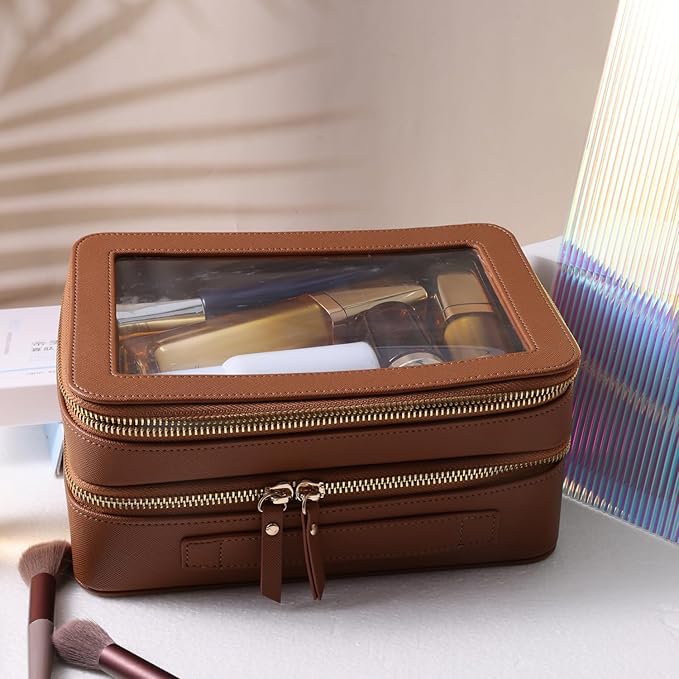 SANHECUN Clear Travel Toiletry bag Toiletry Case Carry on Travel Accessories Bag Makeup Bag Dimensions | LxWxH:9” x 6” x 4.2” (Brown, SHC-TL-2)