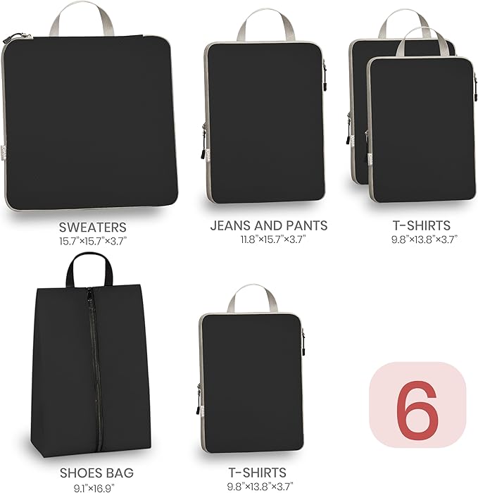 Compression Packing Cubes for Travel, Set of 6 Expandable Luggage Organizers with Shoe Bag, Lightweight Water-Resistant Suitcase Essentials for Carry-on & Checked Luggage, Black