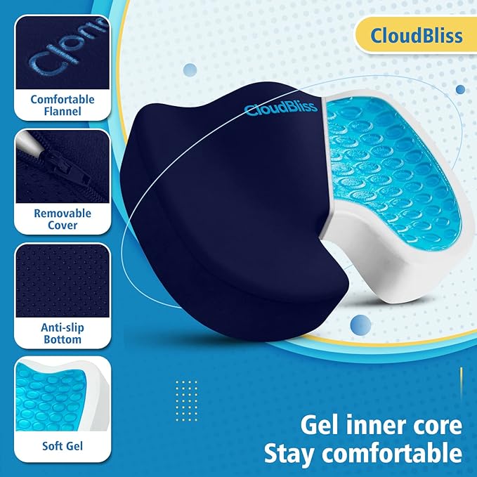 CloudBliss Gel Seat Cushion - Cooling Gel Enhanced, Memory Foam, Ergonomic Seat Cushion for Long Sitting for Office, Game, Car, Airplane (X-Large, Blue)