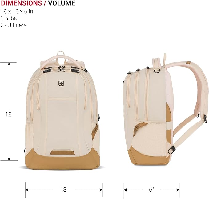 SWISSGEAR Cecil 18-Inch Laptop Backpack Fits 16-Inch Laptop, Travel Daypack with Organizer Pockets, Water Bottle Holders & Padded Straps – Cream/Warm Sand