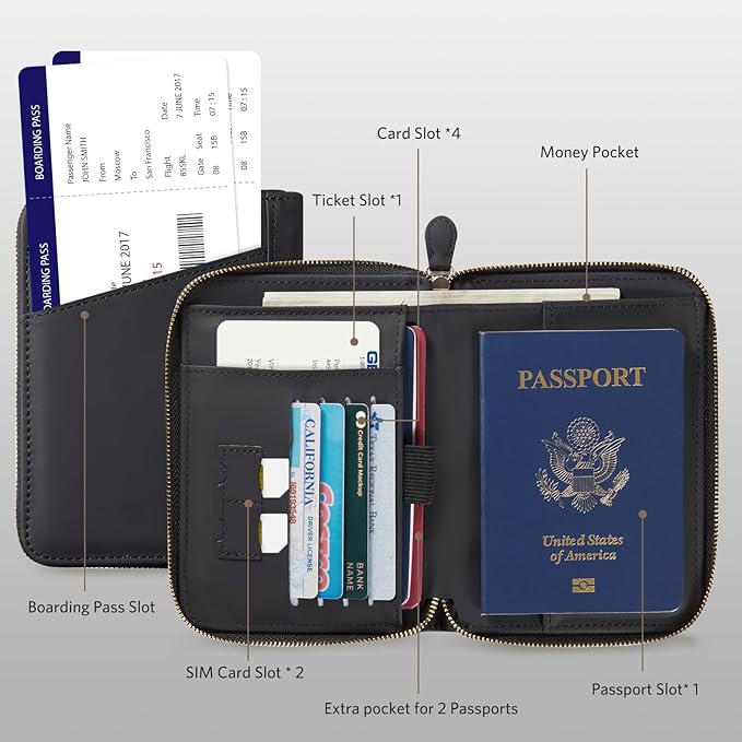 CoBak Passport Holder Cover with Safe Zipper Closure, Premium Passport Wallet for Travel, RFID Blocking Card Case, Waterproof Travel Accessories for Man, Black Grain