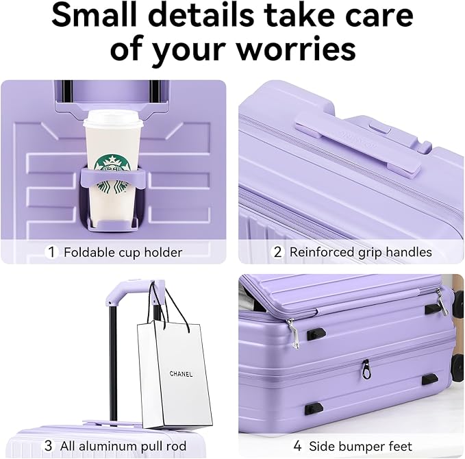 ROAMING 24 Inch Checked Luggage TOP Opening Rolling Suitcase PC hard sided luggage with Spinner Wheels Cup Holder Tsa Lock Specially Designed Ergonomic Pull Rod Handle for Travel Woman Men purple